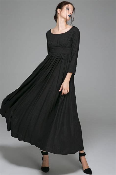 Empire Waist Dress Vintage Style Maxi Dress Black Linen Dress Women