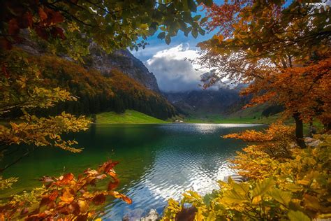 Autumn Mountains Trees Viewes Clouds Lake For Desktop Wallpapers