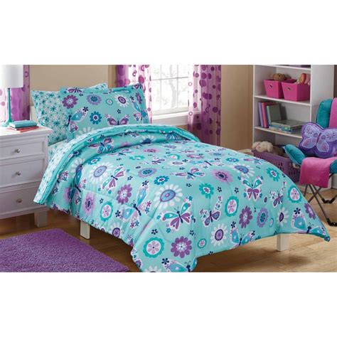 Mainstays Kids Aqua Butterfly Floral 5 Piece Bed In A Bag Bedding Set
