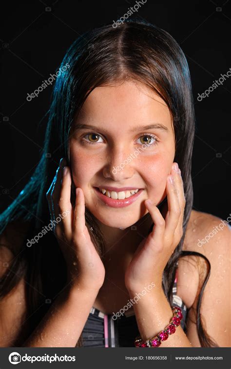 Close Portrait Happy Pretty Adorable Pre Teen Girl Wet Dark Stock Photo