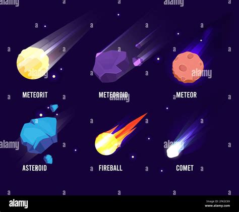 Space Objects Glowing Universe Astronomy Set Meteor Asteroid Vector