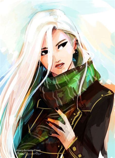 A Digital Painting Of A Woman With White Hair Wearing A Green Scarf And Black Jacket