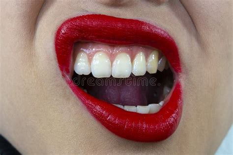 Sensual And Mouth With Red Lipstick White Teeth Biting Tongue Pose Stock Image Image Of