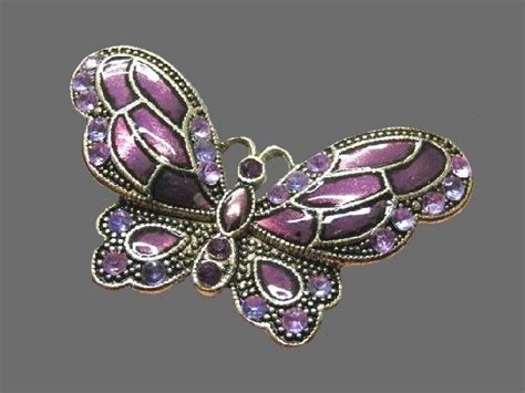 Purple Butterfly Brooch Enamel Silver Tone Metal Rhinestones