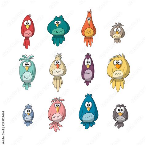 Collection Of Funny Cartoon Birds Hand Draw Illustration Stock Vector