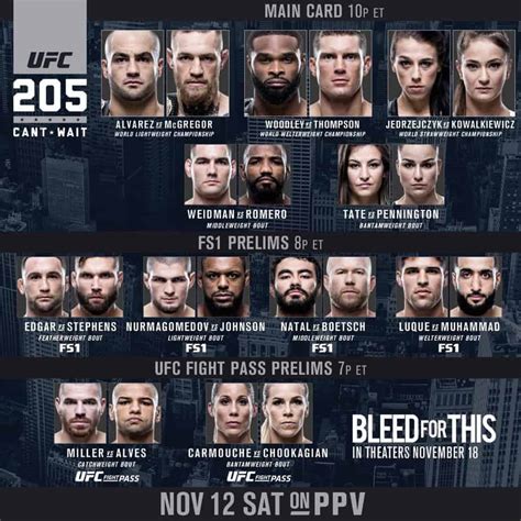 Ufc fight night 190 takes place this coming saturday, june 26th in las vegas and you can check out the full fight card below. UFC 205 'Alvarez vs. McGregor' quick results