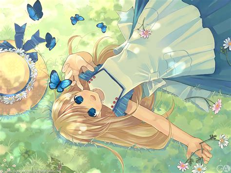 blonde hair blue eyes butterfly flowers gagraphic grass hat kuga tsukasa logo watermark