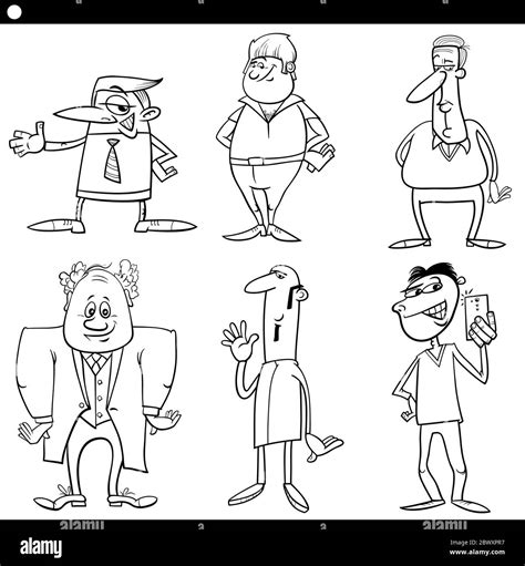Black And White Cartoon Illustration Set Of Funny Men People Characters