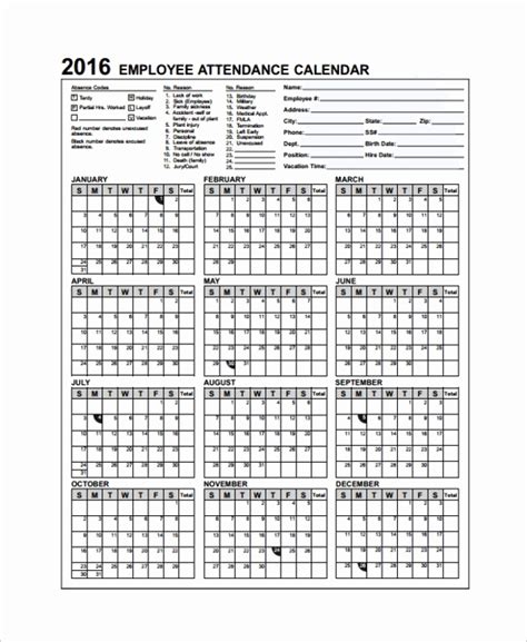Yearly Attendance Calendar Template Timi Robbin