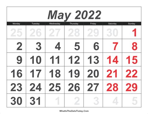 2022 Calendar May With Large Numbers Whatisthedatetodaycom