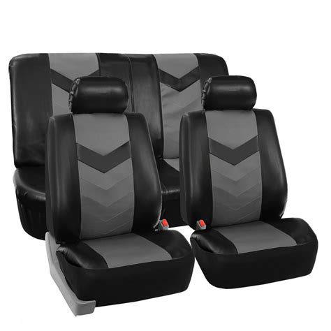 Fh Group Faux Leather Synthetic Leather Auto Seat Cover 2 Headrests Full Set Black And Gray