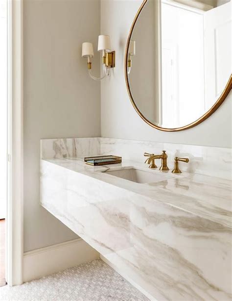White And Gold Bathroom With Marble Floating Vanity Contemporary