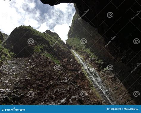 Waterfall In Milolii Valley On Napali Coast On Kauai Island In Hawaii
