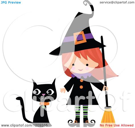 Cartoon Of A Cute Halloween Witch With A Broom And Black Cat Royalty Free Vector Clipart By
