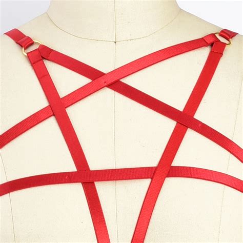 Goth Pentagram Body Harness Set Punk Pole Dance Harness Bra Rave
