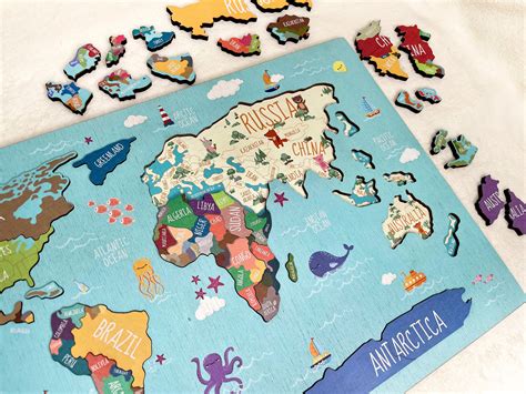 Kids Puzzle World Map Puzzle Educational Toy Wooden Etsy