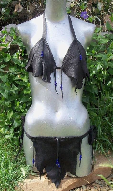 Sexy Buckskin Loincloth Bikini In Black Deerskin Beads Fringed Leather Fringe Swimsuit Handmade