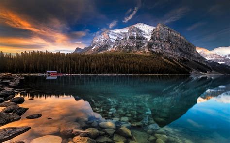 Nature Landscape Lake Mountain Rocks Forest Reflection Lake Louise Alberta Canada Wallpaper Hd