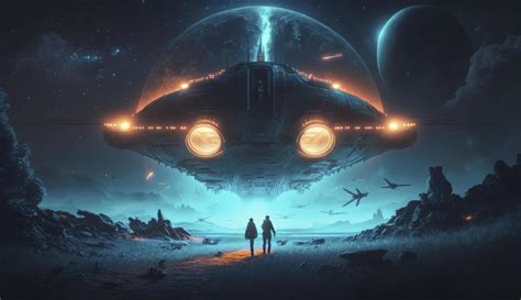Illustration Painting Of Sci Fi Scene Showing The Spaceship Abducting