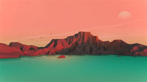 Wallpaper Mountains Digital Art Sunset Sea Red Low Poly Coast