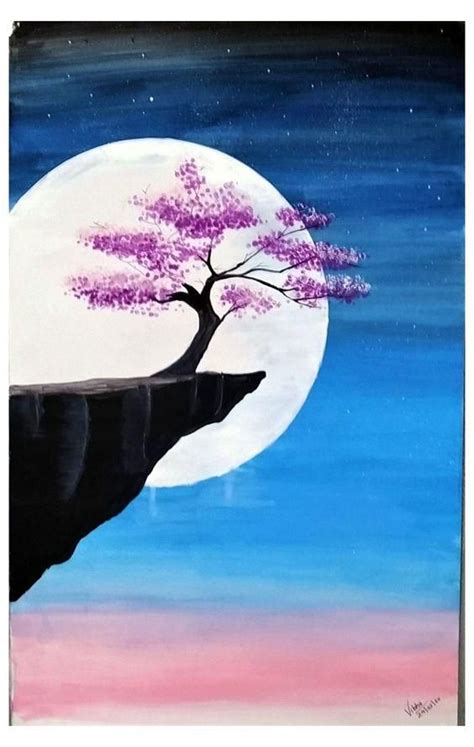 A Painting Of A Tree On Top Of A Cliff With The Moon In The Background
