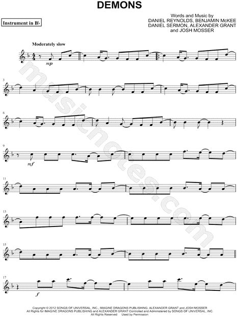 Pa browse all imagine dragons sheet music. Imagine Dragons "Demons - Bb Instrument" Sheet Music (Trumpet, Clarinet, Soprano Saxophone or ...