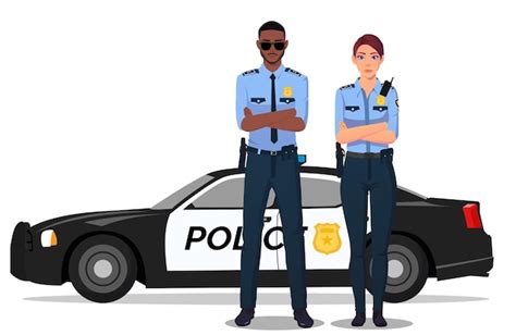 Policial masculino e feminino ao lado do carro de polícia ilustração