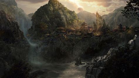 Asian Village In The Mountains River Valley