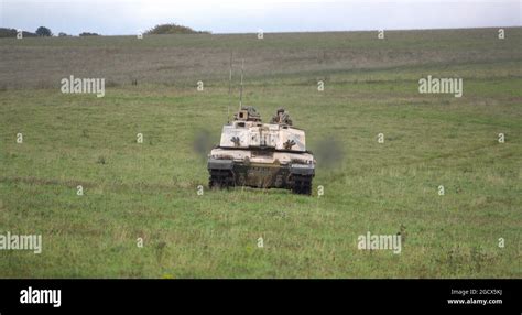 Close Up Action Shot Of A British Army Challenger 2 Fv4034 Main Battle