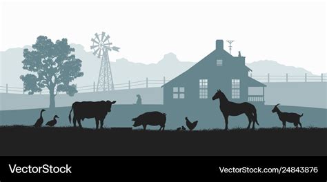 Silhouettes Farm Animals Rural Landscape Vector Image