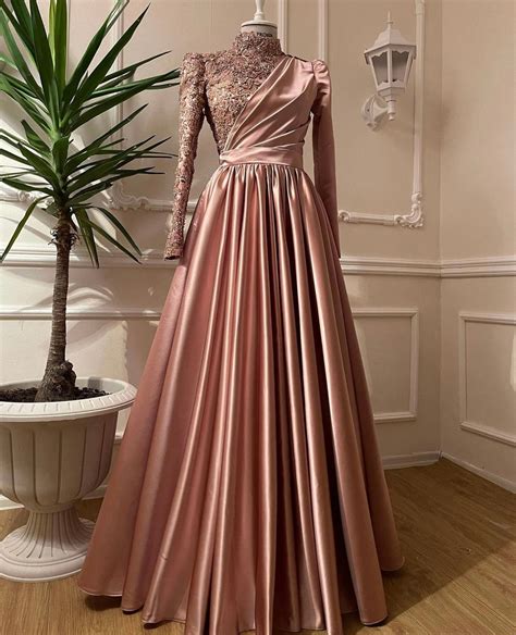 Rose Gold Silver Prom Dress Long Sleeves Dubai Evening Dresses Muslim Women Wedding Party Gowns