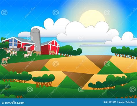 Cartoon Illustration Of Farmland With Buildings And Flock Stock Vector
