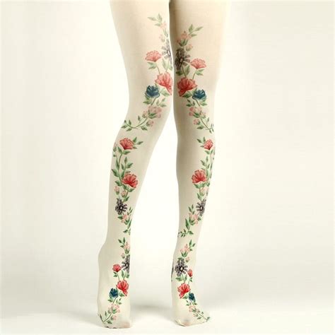 Womens Flower Printed Vintage Garden Creamy White Feminine Tights In