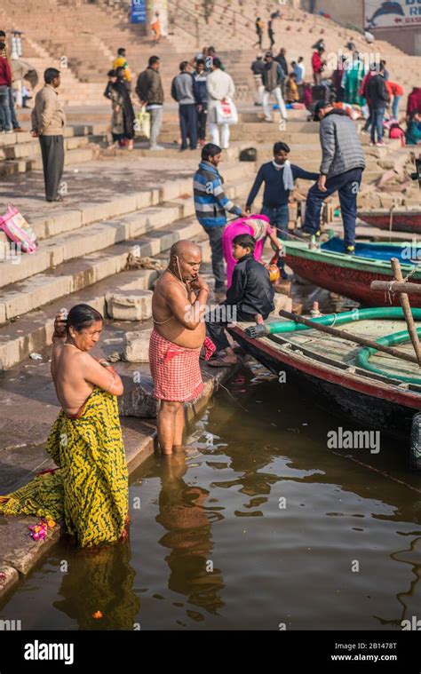 Ceremony Bathing In The Ganga River Varanasi India Asia Stock Photo