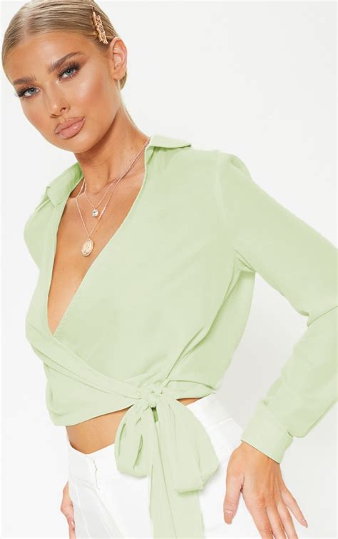 Sage Green Wrap Front Tie Side Blouse Tops Prettylittlething Ie