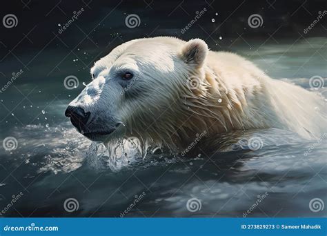 A Fierce And Powerful Polar Bear Swimming In The Icy Waters Showing