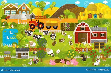 Cartoon Scene With Farm Village And Buildings Like Map Illustration