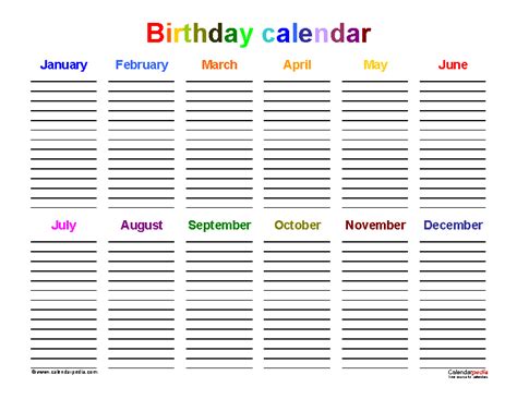 Office Birthday Calendar Template