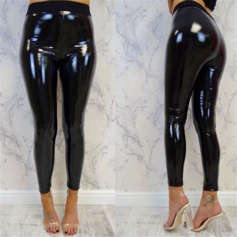 women vinyl pvc wet look shiny disco elasticated high waist leggings long pants walmart canada