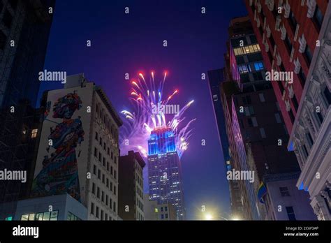 Fireworks shoot from the Empire State Building in New York on