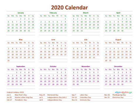 12 Month Calendar On One Page 2020 Printable Pdf Excel Image