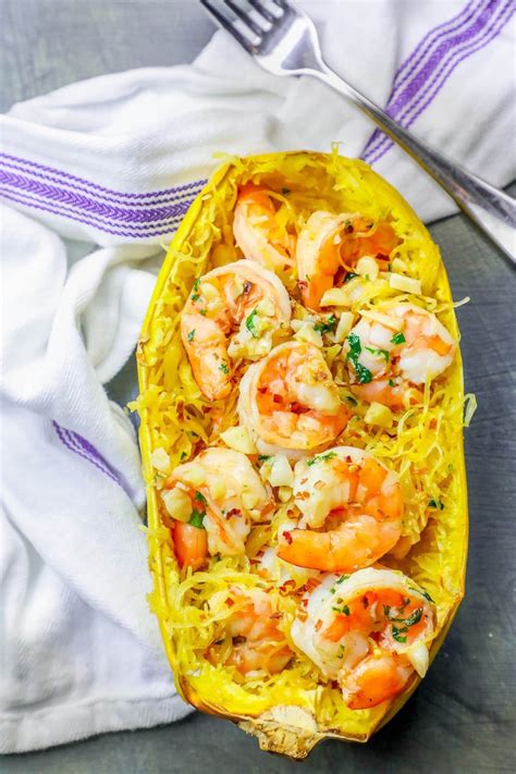 Shrimp And Rice Stuffed Spaghetti Dish In A Yellow Squash Shell With A