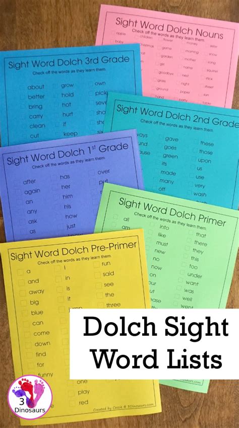 Easy To Use Dolch Sight Word Lists To Print 3 Dinosaurs