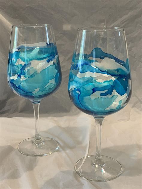 Blue Hand Painted Stemmed Wine Glass Etsy Painted Wine Glass Hand Painted Wine Glasses