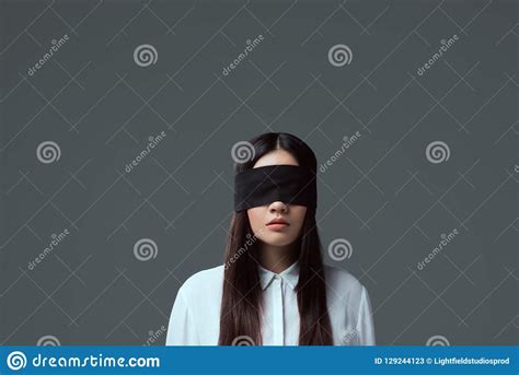 brunette girl wearing black blindfold stock image image of person black 129244123
