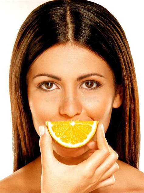 Young Woman Orange Fruit Smile Portrait Stock Photo Image Of Orange