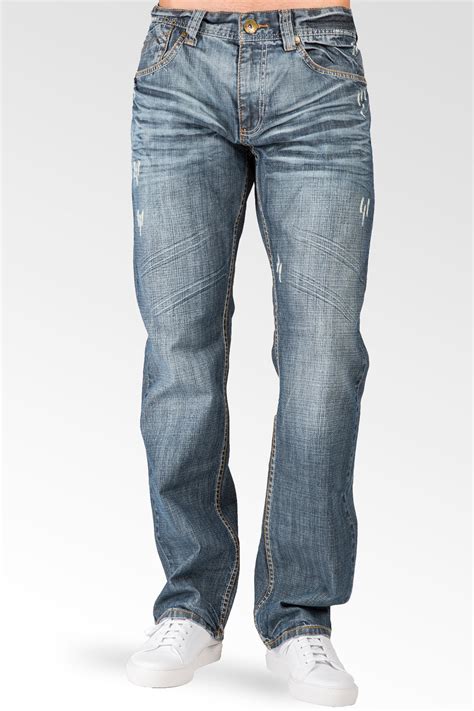 Level 7 Mens Relaxed Straight Whiskering Distressed Medium Blue Jean