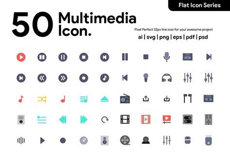 50 Multimedia Icon Flat By Kawalanicon Thehungryjpeg