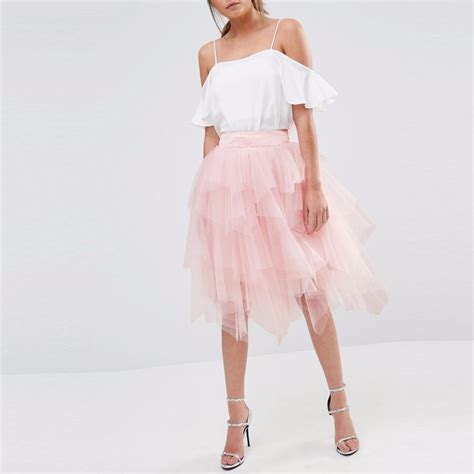 Light Pink Tiered Layered Tulle Skirt Wide Zipper Waistline A Line Knee