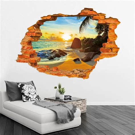 3d Sunset Sea Beach Wall Decals Decorative Stickers For Living Bedroom